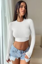 Women's Long Sleeve Crop Top Slim-Fitting Tight Crew Neck Shirt - 图片 2