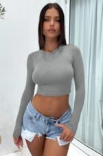 Women's Long Sleeve Crop Top Slim-Fitting Tight Crew Neck Shirt - 图片 4